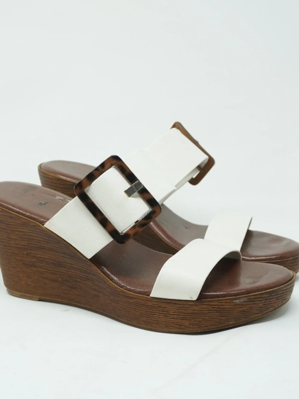 Italian Leather White Wedge Sandals, Size 8